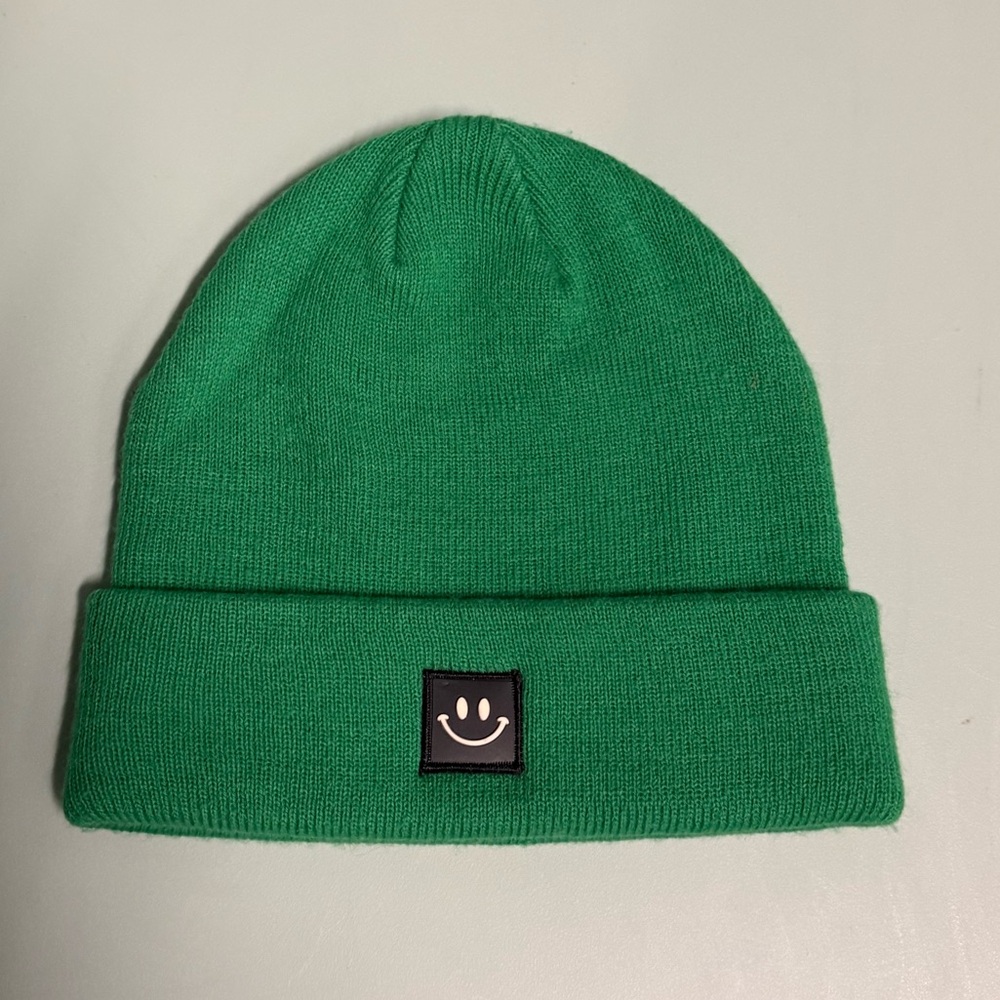 Cheerful Green Kids Beanie with Smiley Patch